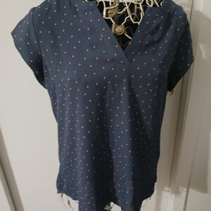 Reitmans Navy V-Neck Cap Sleeve Blouse with Pink Dot Print